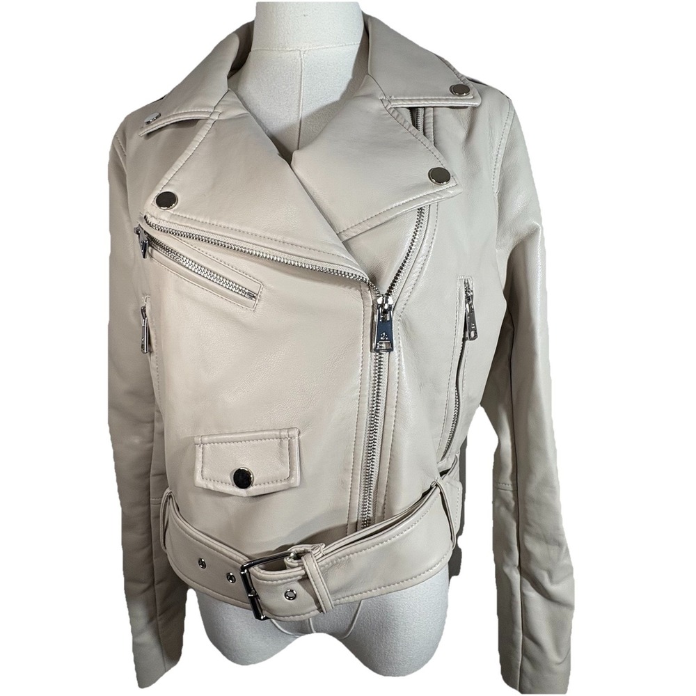 NWT Elodie Moto Jacket Cream Faux Leather Vegan Women M Belt Zip Pocket **FLAW**